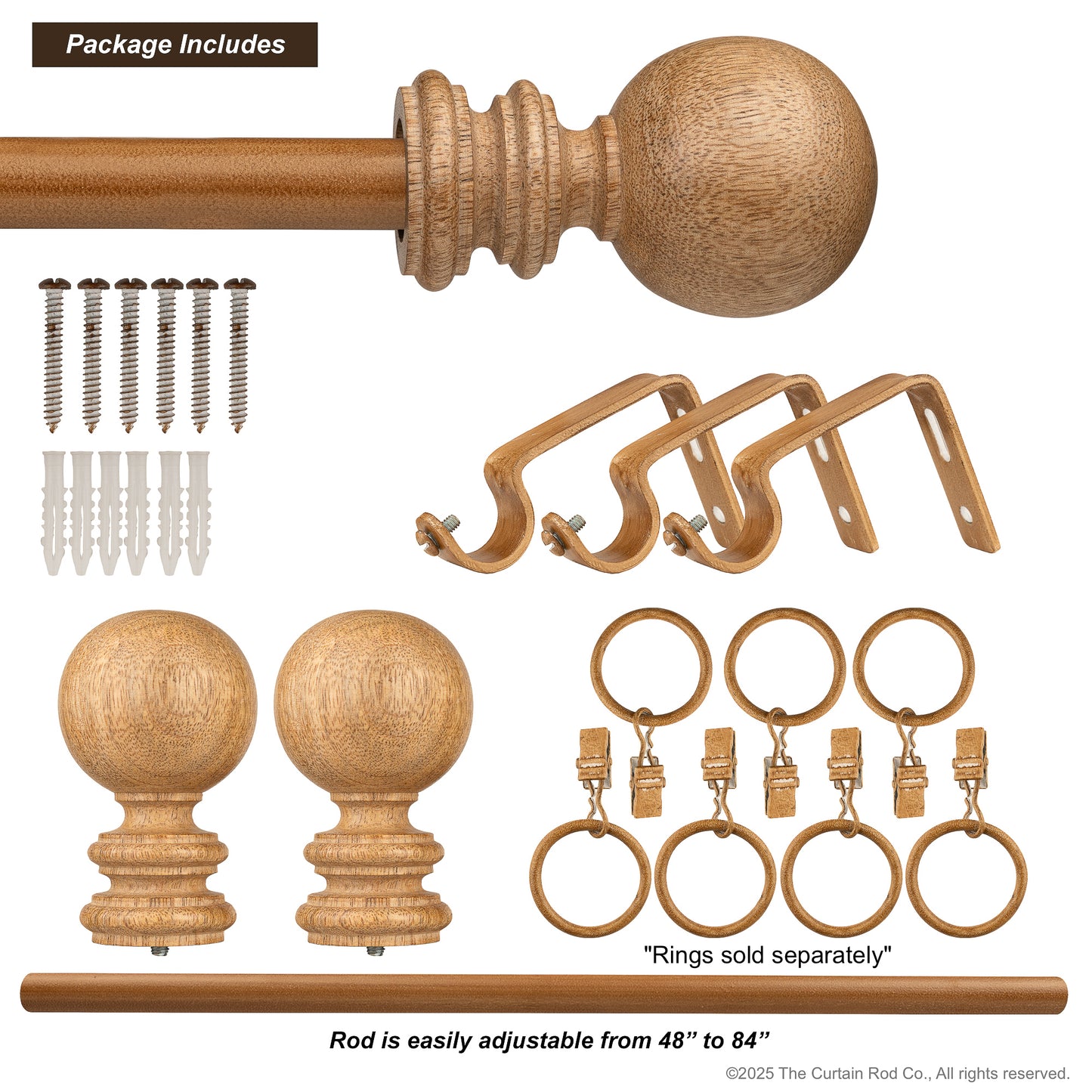 Amos Rustic Farmhouse Natural Oak Wood Curtain Rod Set