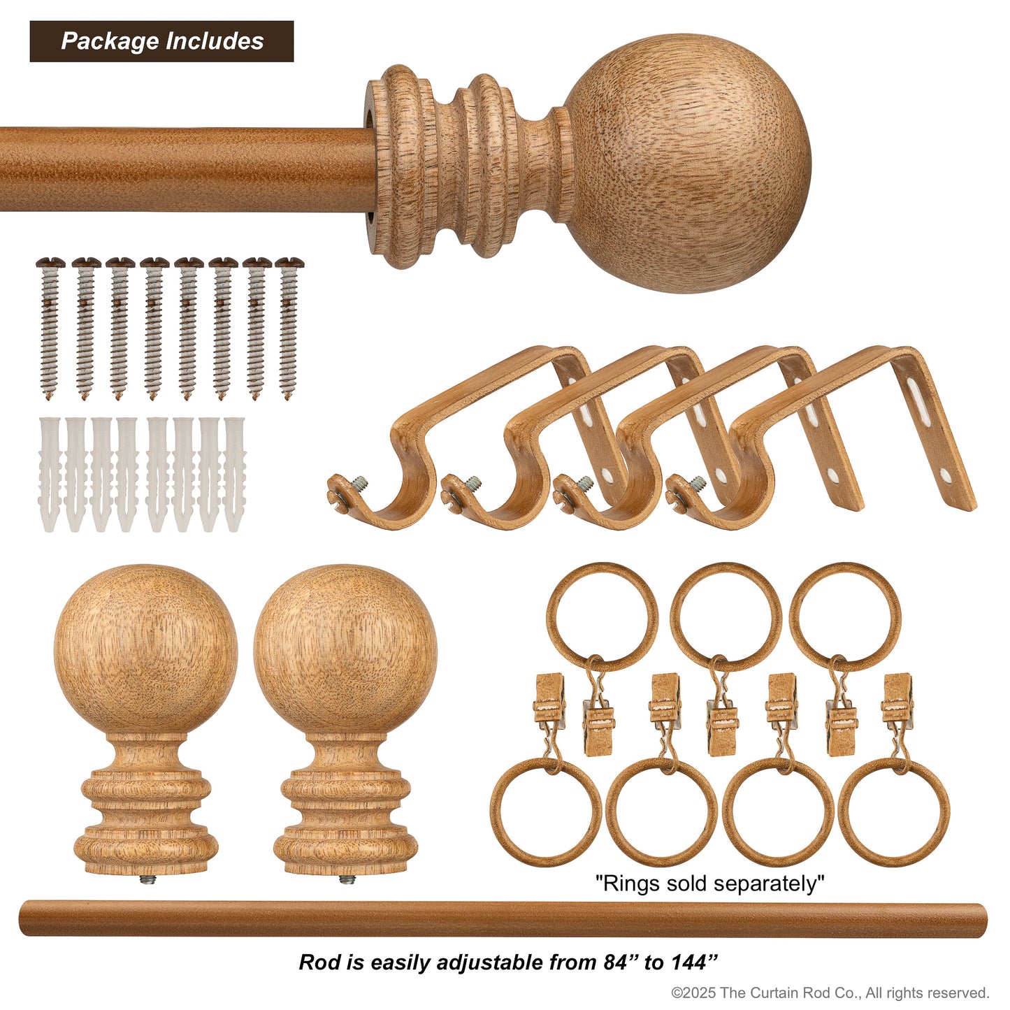 Amos Rustic Farmhouse Natural Oak Wood Curtain Rod Set