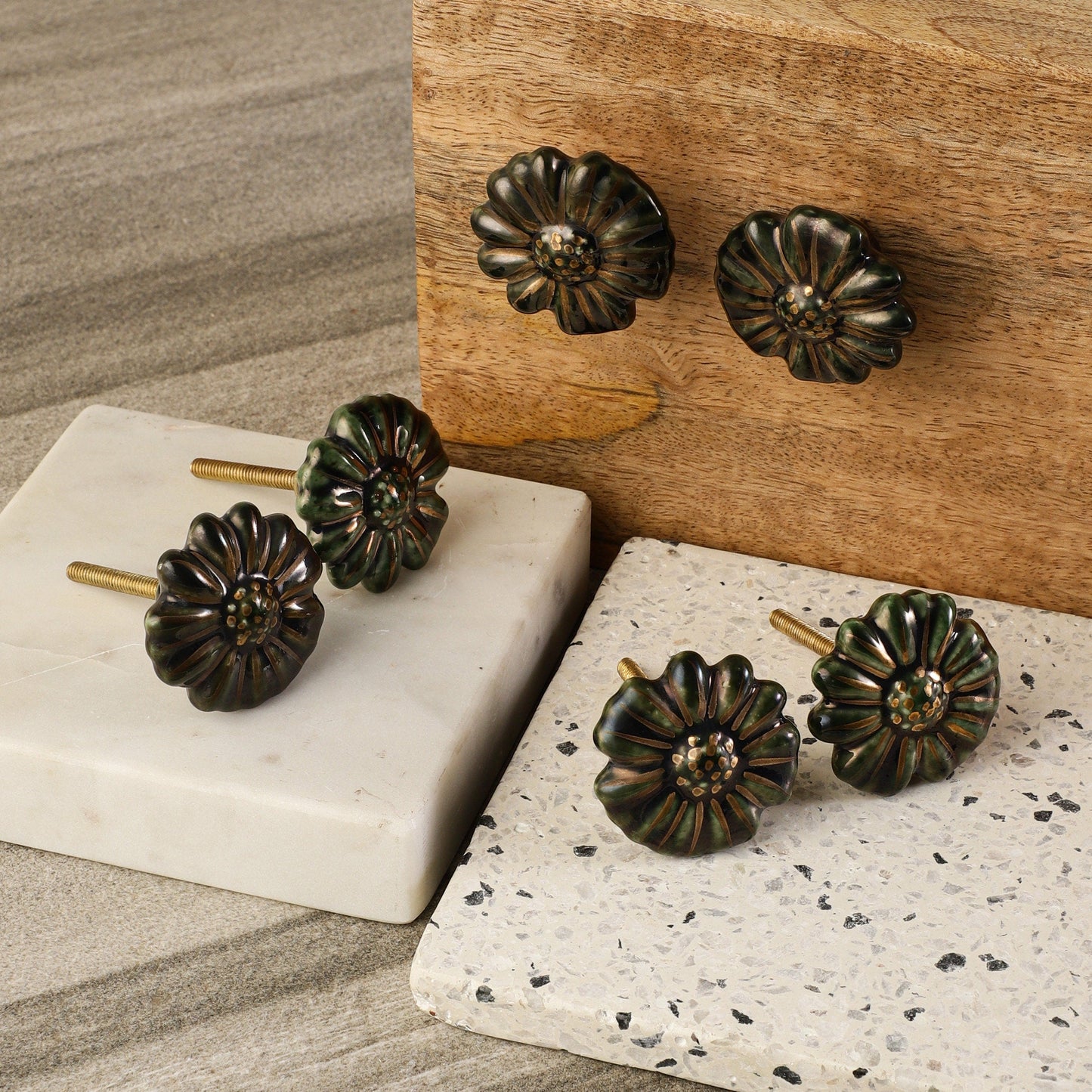 Bronzed With an Aged Green Floral Ceramic Pull Knobs (C4)