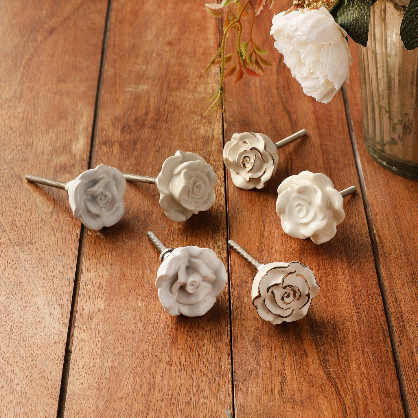 White with Gold, Rose Style Ceramic Pull Knobs (C17)