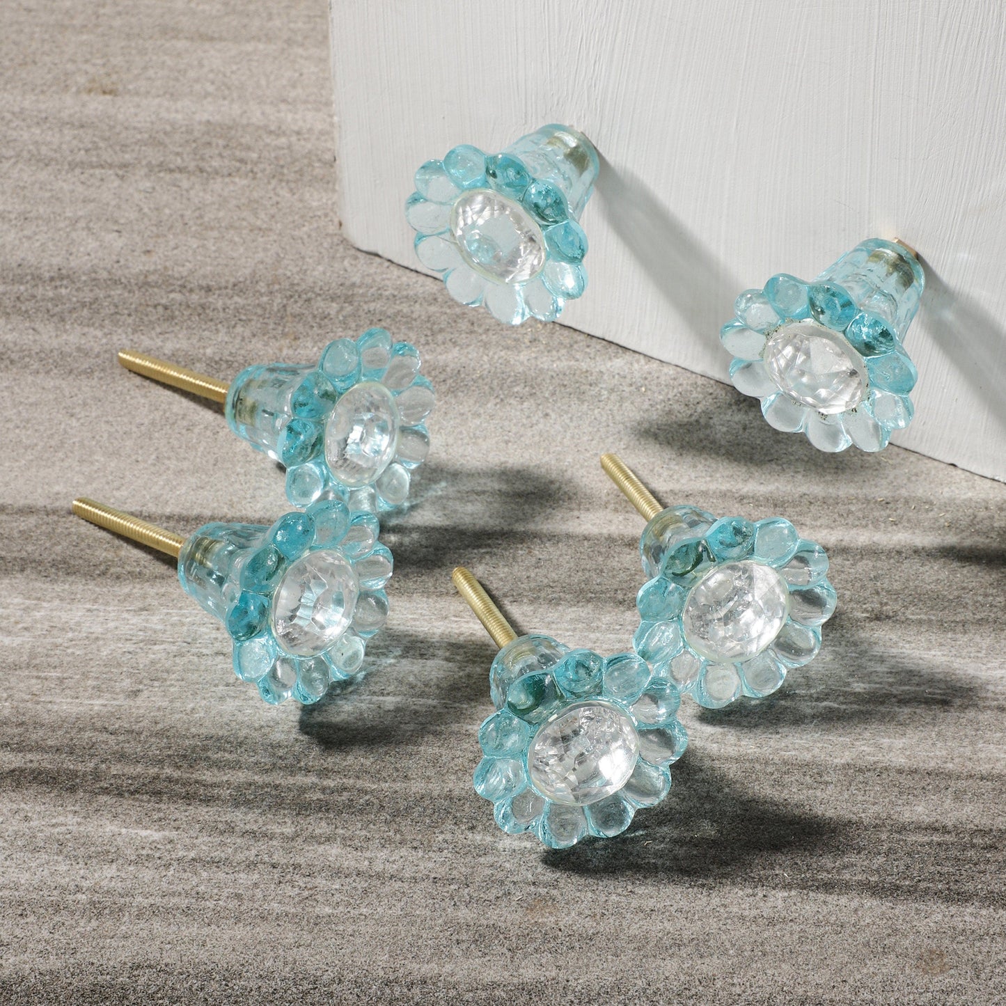 Aqua Glass Floral Pull Knobs (G14)