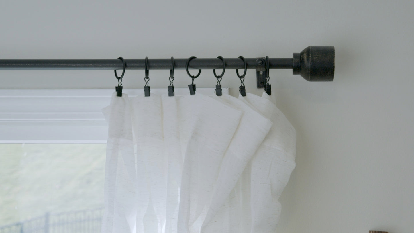 Modern "Matea" Distressed Black Farmhouse Curtain Rod 28" - 48" , 48" - 84" , 84" - 144" (Single Curtain Rod Complete Set With Brackets)